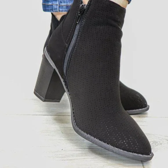 Black Perforated Design Ankle Heeled Boots - Picture 12 of 15